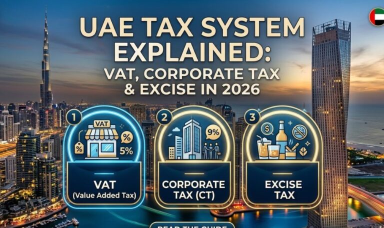 explaining the 2026 UAE tax system, featuring icons for VAT, Corporate Tax, and Excise Tax over Dubai