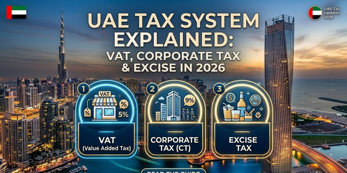 explaining the 2026 UAE tax system, featuring icons for VAT, Corporate Tax, and Excise Tax over Dubai