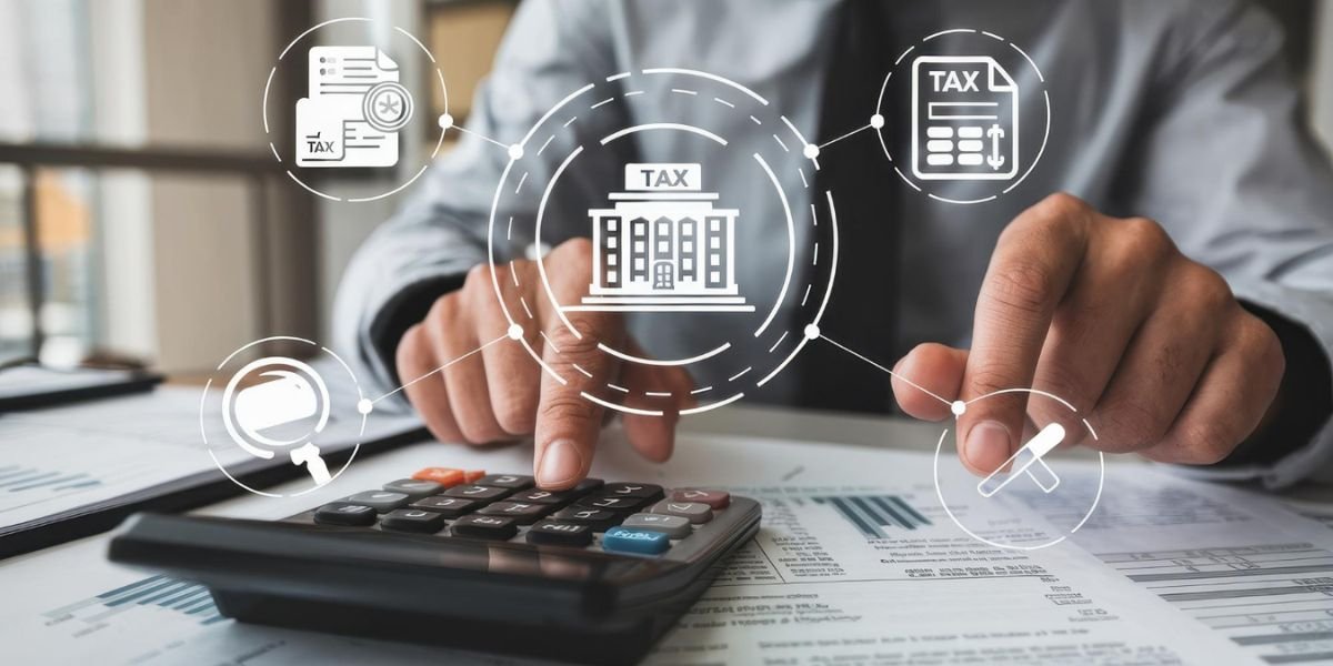 An accountant uses a calculator with digital tax icons overlaid, representing the complex UAE tax system and auditing.