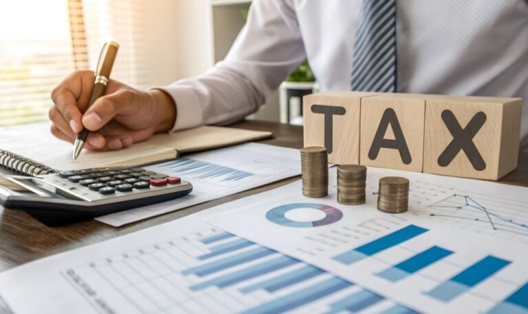 Close-up of a person writing in a notebook next to a calculator and wooden blocks that spell out the word TAX