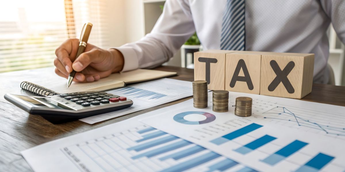 Close-up of a person writing in a notebook next to a calculator and wooden blocks that spell out the word TAX